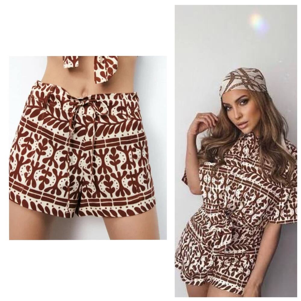 NWT Zara Women's Linen Blend Shorts Brown Ivory Tribal Sz Small Boho 3136/580